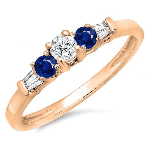 0.45 Carat (ctw) 10K Rose Gold Round & Baguette Cut White & Blue Sapphire Diamond Ladies 3 Stone Engagement Bridal Ring