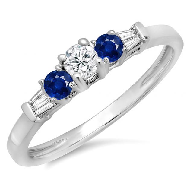 0.45 Carat (ctw) 18K White Gold Round & Baguette Cut Blue Sapphire & White Diamond Ladies 3 Stone Engagement Bridal Ring