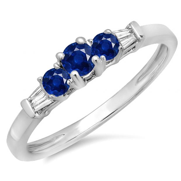 0.45 Carat (ctw) 10K White Gold Round & Baguette Cut Blue Sapphire & White Diamond Ladies 3 Stone Engagement Bridal Ring