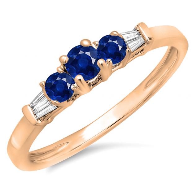 0.45 Carat (ctw) 18K Rose Gold Round & Baguette Cut White & Blue Sapphire Diamond Ladies 3 Stone Engagement Bridal Ring