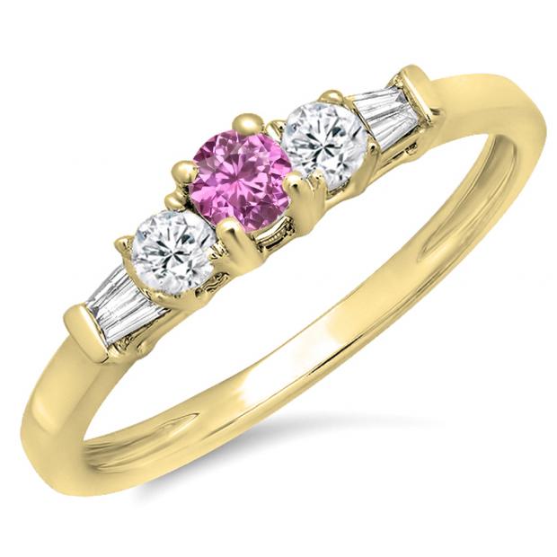 0.45 Carat (ctw) 14K Yellow Gold Round & Baguette Cut Pink Sapphire & White Diamond Ladies 3 Stone Engagement Bridal Ring