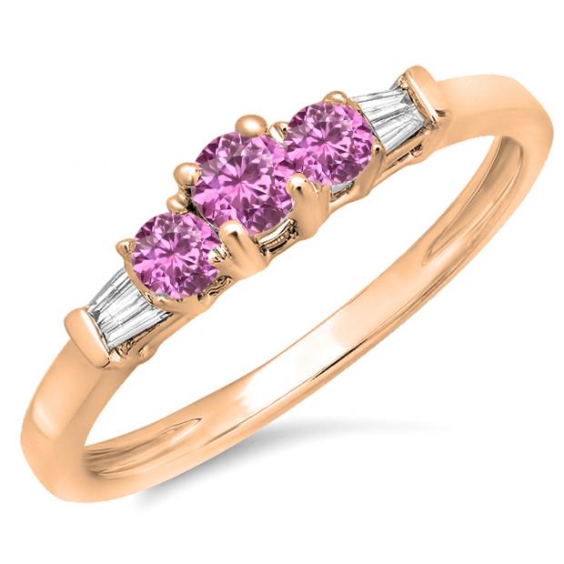 0.45 Carat (ctw) 10K Rose Gold Round & Baguette Cut White & Pink Sapphire Diamond Ladies 3 Stone Engagement Bridal Ring