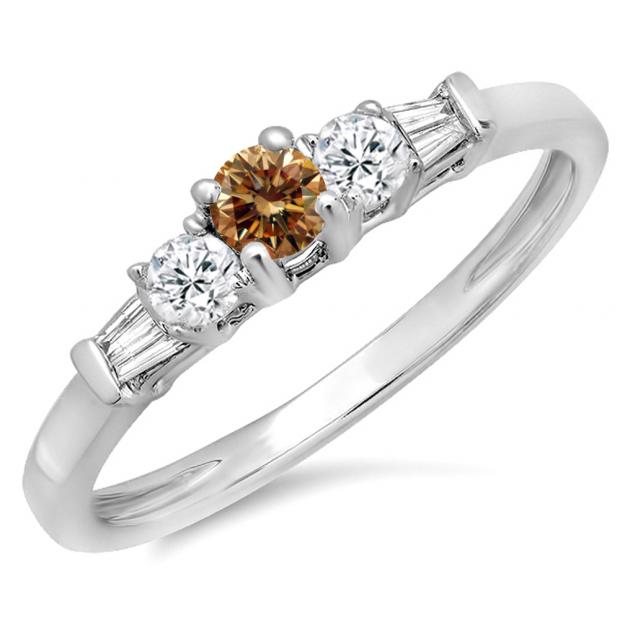 0.45 Carat (ctw) 14K White Gold Round & Baguette Cut Champagne & White Diamond Ladies 3 Stone Engagement Bridal Ring
