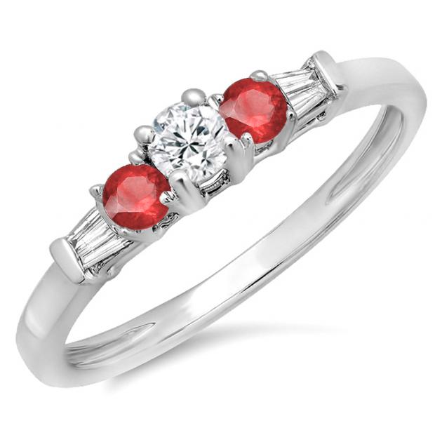0.45 Carat (ctw) 10K White Gold Round & Baguette Cut Red Ruby & White Diamond Ladies 3 Stone Engagement Bridal Ring