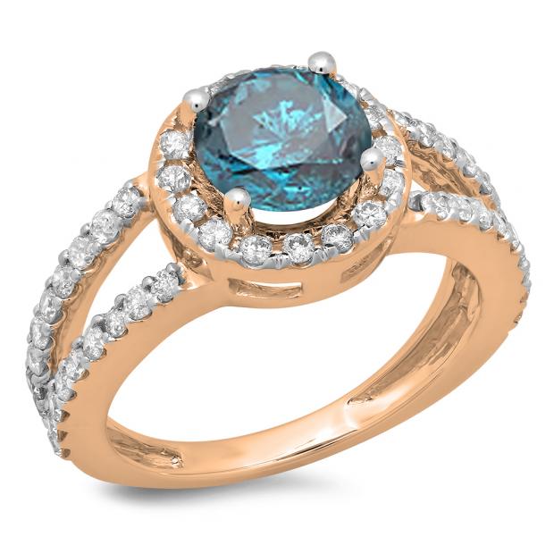 2.33 Carat (ctw) 14K Rose Gold Round Blue & White Diamond Ladies Bridal Split Shank Halo Style Engagement Ring