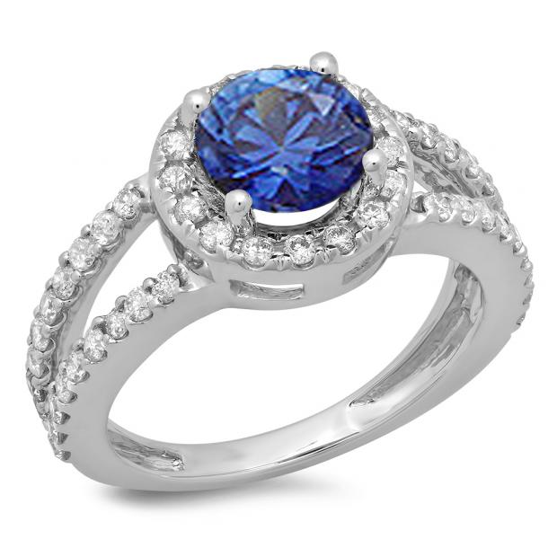 2.33 Carat (ctw) 18K White Gold Round Blue Sapphire & White Diamond Ladies Bridal Split Shank Halo Style Engagement Ring