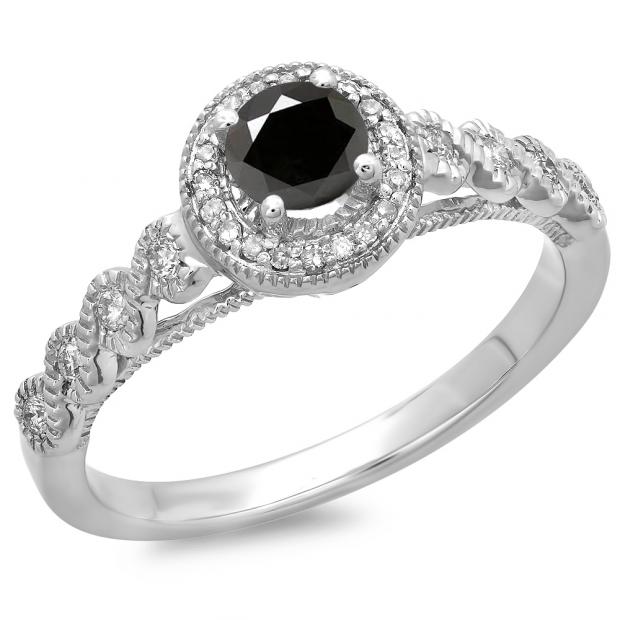 0.55 Carat (ctw) 14K White Gold Round Cut White & Black Diamond Ladies Bridal Vintage & Antique Millgrain Halo Style Engagement Ring 1/2 CT