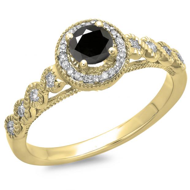 0.55 Carat (ctw) 14K Yellow Gold Round Cut White & Black Diamond Ladies Bridal Vintage & Antique Millgrain Halo Style Engagement Ring 1/2 CT
