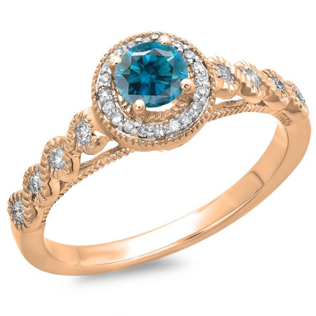 0.55 Carat (ctw) 14K Rose Gold Round Cut White & Blue Diamond Ladies Bridal Vintage & Antique Millgrain Halo Style Engagement Ring 1/2 CT