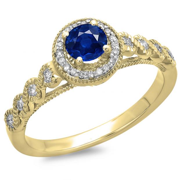 0.55 Carat (ctw) 18K Yellow Gold Round Cut Blue Sapphire & White Diamond Ladies Bridal Vintage & Antique Millgrain Halo Style Engagement Ring 1/2 CT