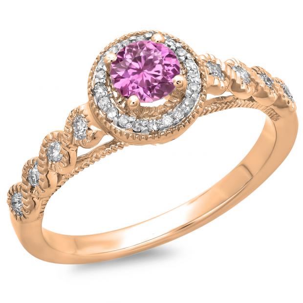 0.55 Carat (ctw) 10K Rose Gold Round Cut Pink Sapphire & White Diamond Ladies Bridal Vintage & Antique Millgrain Halo Style Engagement Ring 1/2 CT