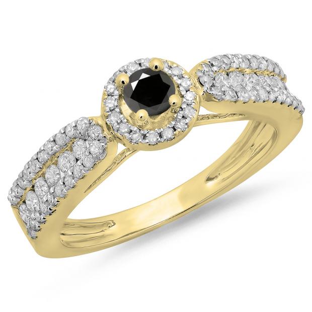 0.80 Carat (ctw) 18K Yellow Gold Round Cut White & Black Diamond Ladies Bridal Vintage Halo Style Engagement Ring 3/4 CT