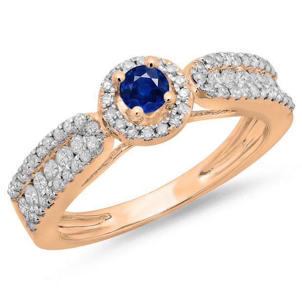 0.80 Carat (ctw) 10K Rose Gold Round Cut Blue Sapphire & White Diamond Ladies Bridal Vintage Halo Style Engagement Ring 3/4 CT