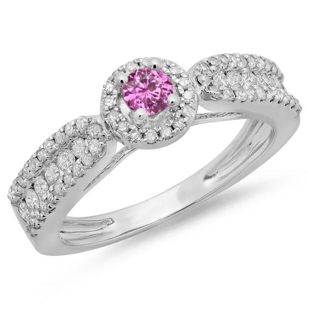 0.80 Carat (ctw) 10K White Gold Round Cut Pink Sapphire & White Diamond Ladies Bridal Vintage Halo Style Engagement Ring 3/4 CT
