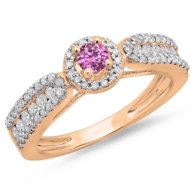 0.80 Carat (ctw) 14K Rose Gold Round Cut Pink Sapphire & White Diamond Ladies Bridal Vintage Halo Style Engagement Ring 3/4 CT