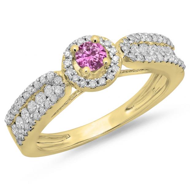 0.80 Carat (ctw) 18K Yellow Gold Round Cut Pink Sapphire & White Diamond Ladies Bridal Vintage Halo Style Engagement Ring 3/4 CT