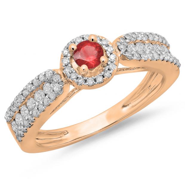 0.80 Carat (ctw) 10K Rose Gold Round Cut Red Ruby & White Diamond Ladies Bridal Vintage Halo Style Engagement Ring 3/4 CT
