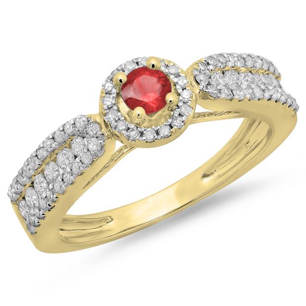 0.80 Carat (ctw) 18K Yellow Gold Round Cut Red Ruby & White Diamond Ladies Bridal Vintage Halo Style Engagement Ring 3/4 CT