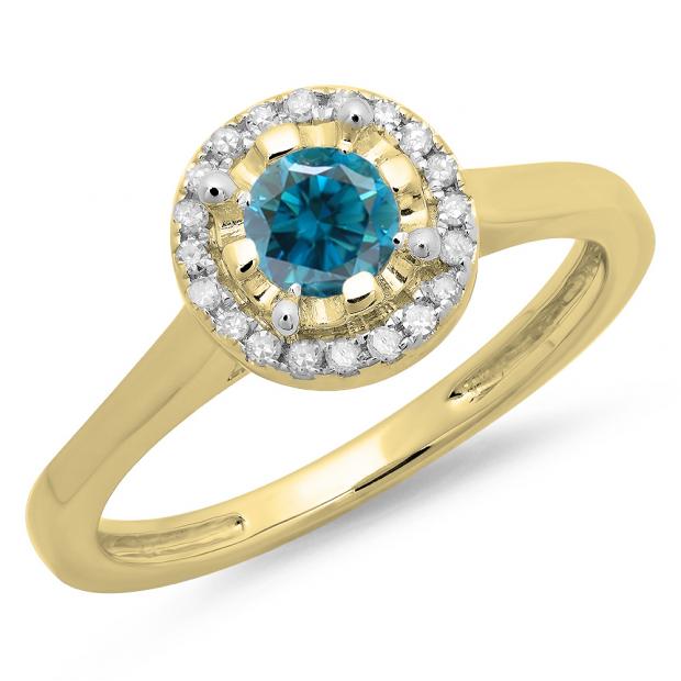 0.50 Carat (ctw) 14K Yellow Gold Round Blue & White Diamond Ladies Bridal Halo Style Engagement Ring 1/2 CT