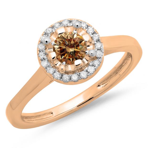 0.50 Carat (ctw) 14K Rose Gold Round Champagne & White Diamond Ladies Bridal Halo Style Engagement Ring 1/2 CT