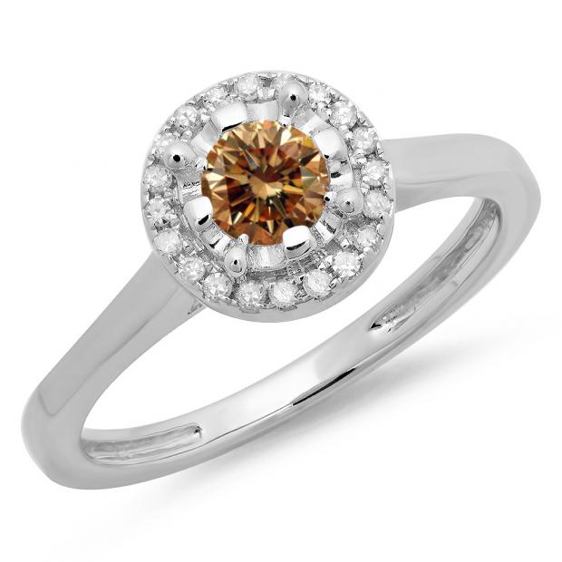 0.50 Carat (ctw) 18K White Gold Round Champagne & White Diamond Ladies Bridal Halo Style Engagement Ring 1/2 CT
