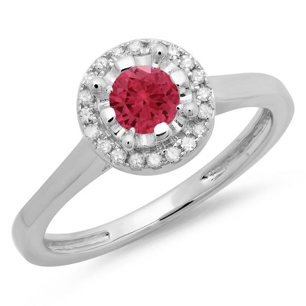 0.50 Carat (ctw) 10K White Gold Round Red Ruby & White Diamond Ladies Bridal Halo Style Engagement Ring 1/2 CT