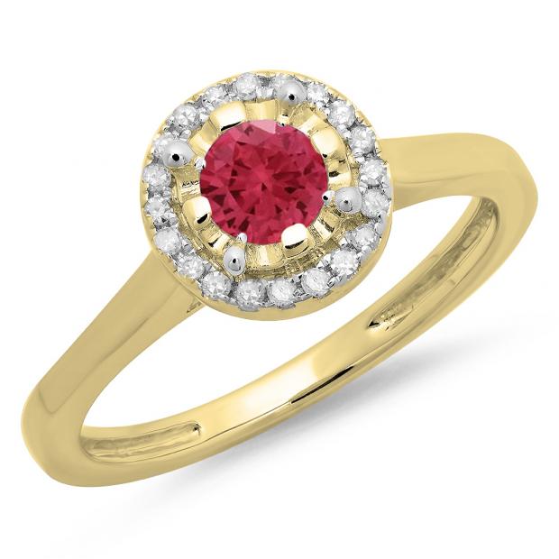 0.50 Carat (ctw) 14K Yellow Gold Round Red Ruby & White Diamond Ladies Bridal Halo Style Engagement Ring 1/2 CT