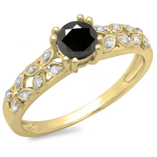 0.60 Carat (ctw) 14K Yellow Gold Round Cut Black & White Diamond Ladies Bridal Vintage Style Engagement Ring