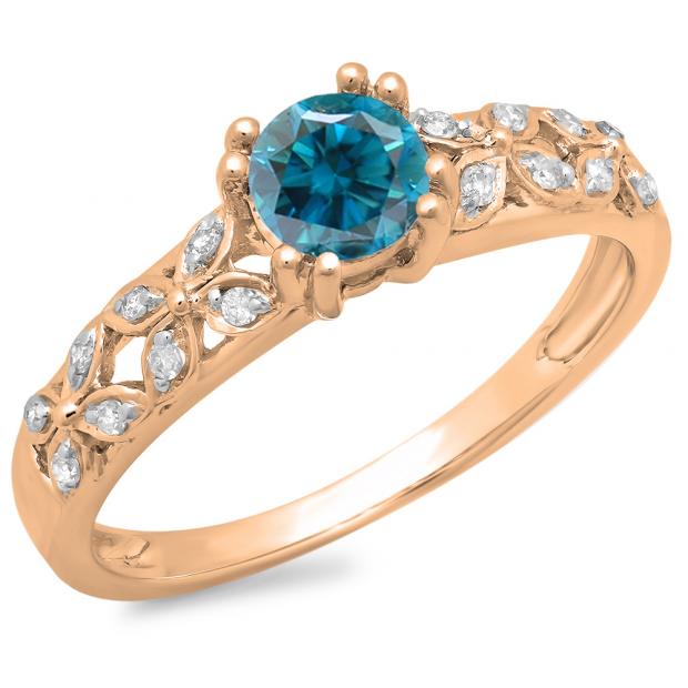 0.60 Carat (ctw) 10K Rose Gold Round Cut Blue & White Diamond Ladies Bridal Vintage Style Engagement Ring