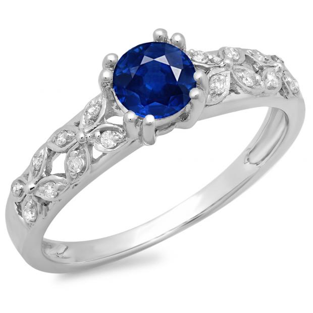 0.60 Carat (ctw) 14K White Gold Round Cut Blue Sapphire & White Diamond Ladies Bridal Vintage Style Engagement Ring