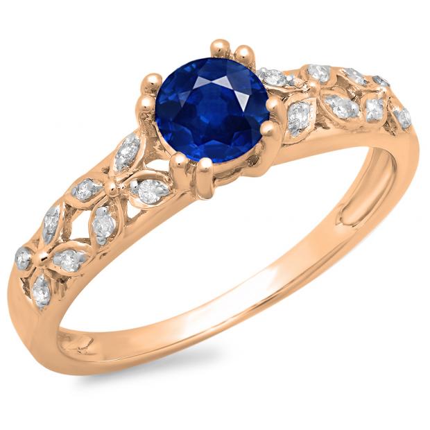 0.60 Carat (ctw) 18K Rose Gold Round Cut Blue Sapphire & White Diamond Ladies Bridal Vintage Style Engagement Ring
