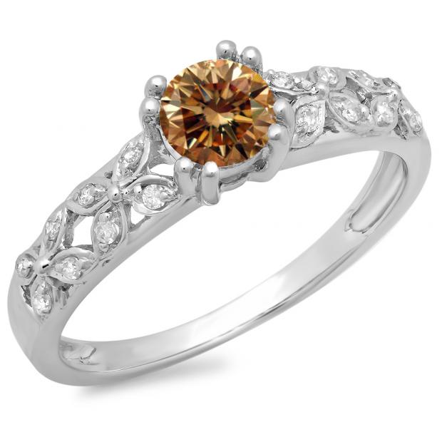 0.60 Carat (ctw) 10K White Gold Round Cut Champagne & White Diamond Ladies Bridal Vintage Style Engagement Ring