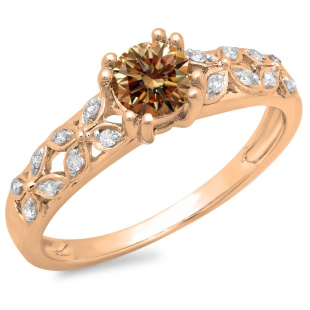 0.60 Carat (ctw) 18K Rose Gold Round Cut Champagne & White Diamond Ladies Bridal Vintage Style Engagement Ring