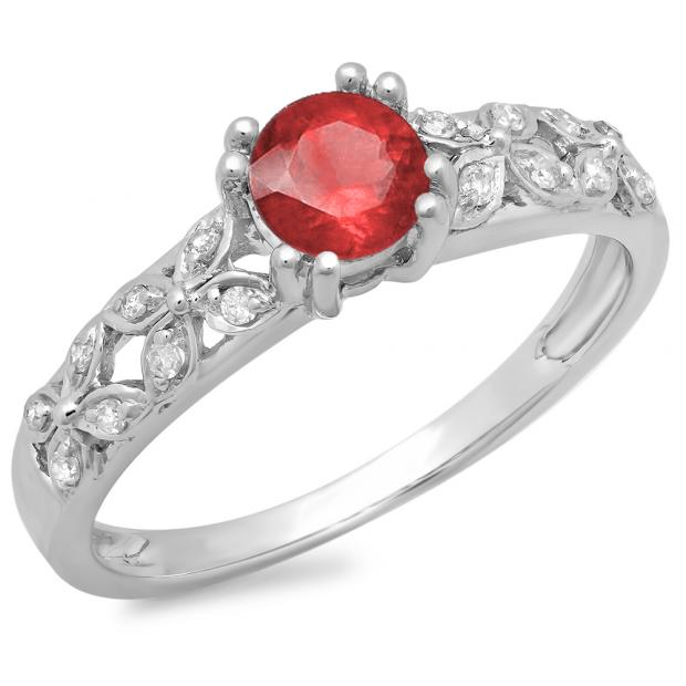 0.60 Carat (ctw) 10K White Gold Round Cut Red Ruby & White Diamond Ladies Bridal Vintage Style Engagement Ring