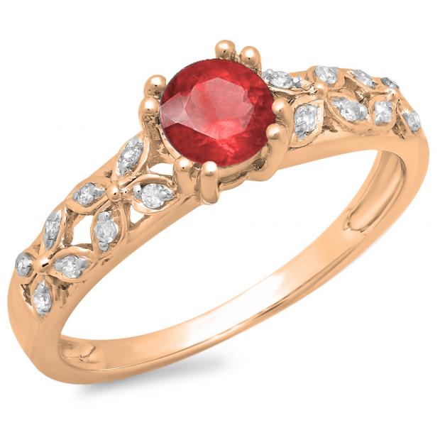 0.60 Carat (ctw) 14K Rose Gold Round Cut Red Ruby & White Diamond Ladies Bridal Vintage Style Engagement Ring