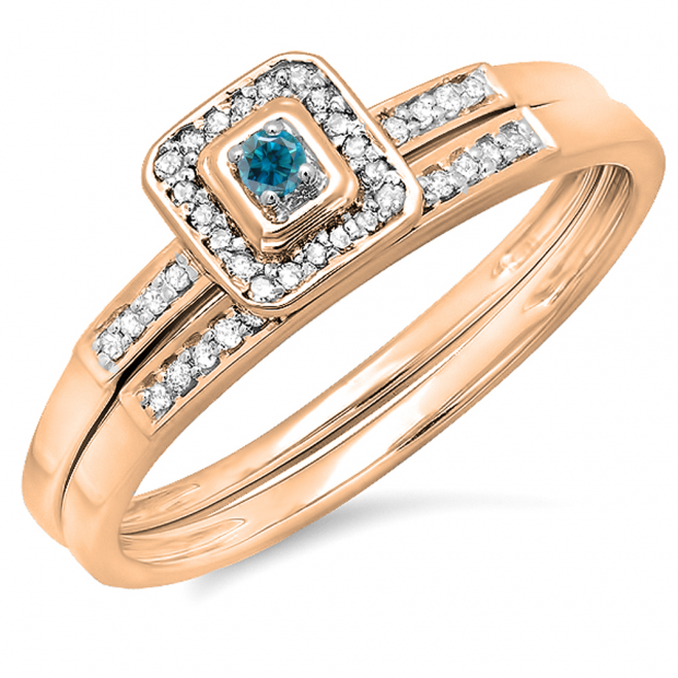 0.15 Carat (ctw) 14K Rose Gold Round Blue & White Diamond Ladies Halo Engagement Bridal Ring Set Matching Wedding Band