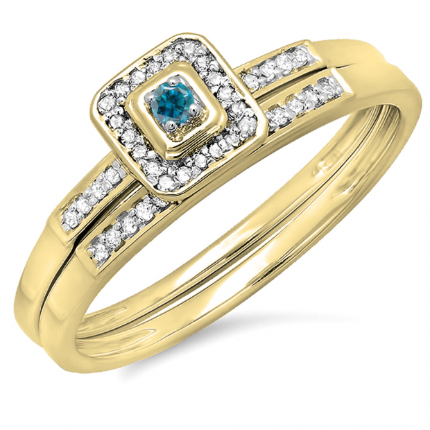 0.15 Carat (ctw) 18K Yellow Gold Round Blue & White Diamond Ladies Halo Engagement Bridal Ring Set Matching Wedding Band
