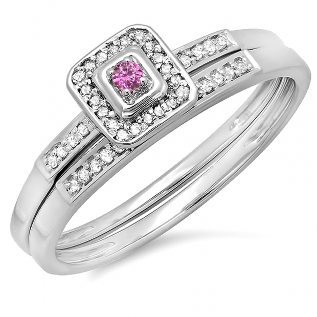 0.15 Carat (ctw) 14K White Gold Round Pink Sapphire & White Diamond Ladies Halo Engagement Bridal Ring Set Matching Wedding Band