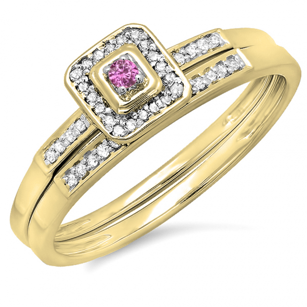0.15 Carat (ctw) 14K Yellow Gold Round Pink Sapphire & White Diamond Ladies Halo Engagement Bridal Ring Set Matching Wedding Band