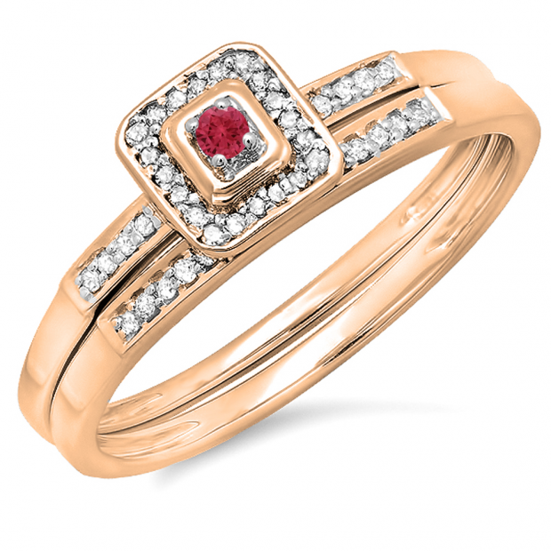 0.15 Carat (ctw) 14K Rose Gold Round Red Ruby & White Diamond Ladies Halo Engagement Bridal Ring Set Matching Wedding Band