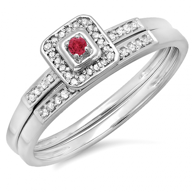 0.15 Carat (ctw) 14K White Gold Round Red Ruby & White Diamond Ladies Halo Engagement Bridal Ring Set Matching Wedding Band