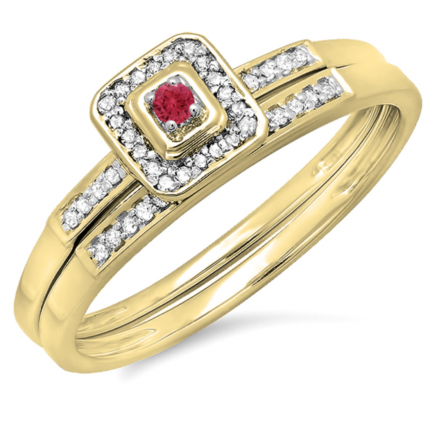0.15 Carat (ctw) 14K Yellow Gold Round Red Ruby & White Diamond Ladies Halo Engagement Bridal Ring Set Matching Wedding Band
