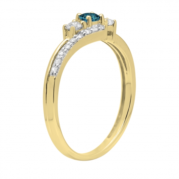 0.45 Carat (ctw) 14K Yellow Gold Round Blue & White Diamond Ladies 3 Stone Bridal Engagement Promise Ring 1/2 CT