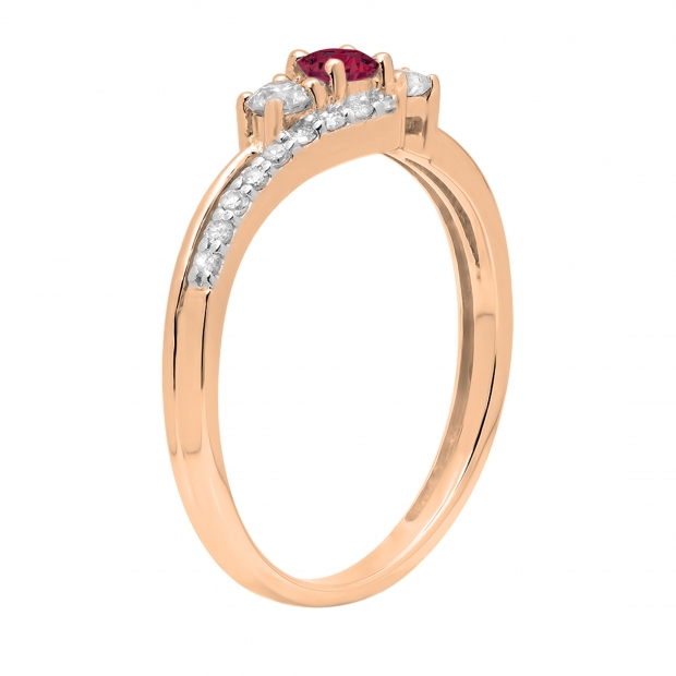 0.45 Carat (ctw) 10K Rose Gold Round Red Ruby & White Diamond Ladies 3 Stone Bridal Engagement Promise Ring 1/2 CT