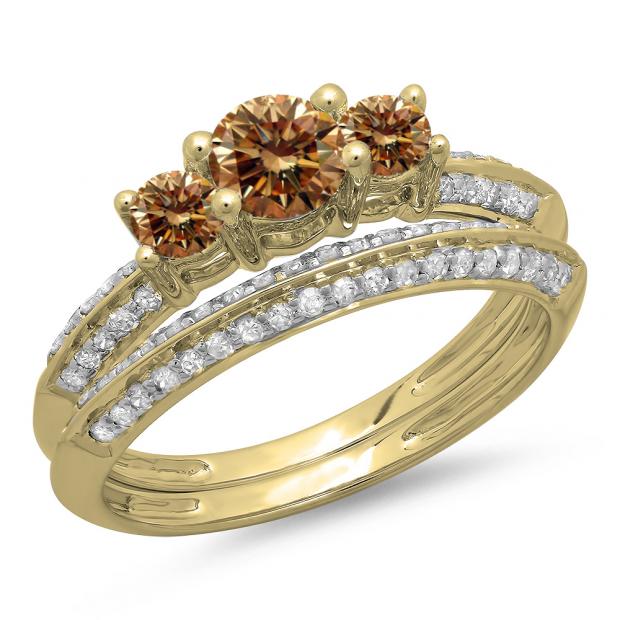 1.05 Carat (ctw) 10K Yellow Gold Round Cut Champagne & White Diamond Ladies 3 Stone Bridal Engagement Ring With Matching Band Set 1 CT