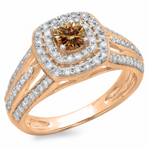 1.10 Carat (ctw) 10K Rose Gold Round Cut Champagne & White Diamond Ladies Split Shank Vintage Style Bridal Halo Engagement Ring 1 CT