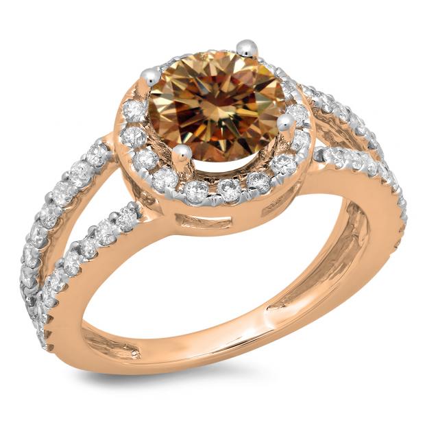 2.33 Carat (ctw) 10K Rose Gold Round Champagne & White Diamond Ladies Bridal Split Shank Halo Style Engagement Ring