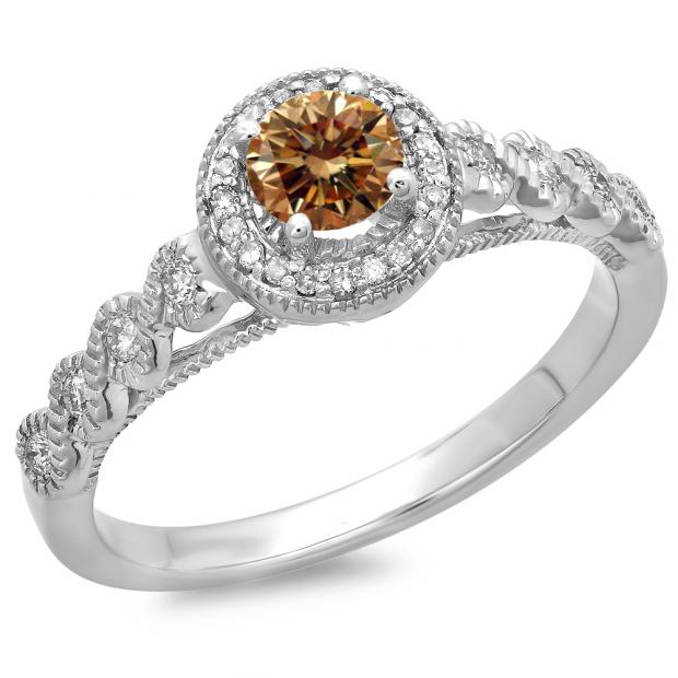 0.55 Carat (ctw) 14K White Gold Round Cut White & Champagne Diamond Ladies Bridal Vintage & Antique Millgrain Halo Style Engagement Ring 1/2 CT