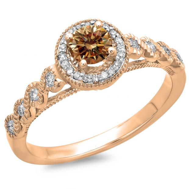 0.55 Carat (ctw) 18K Rose Gold Round Cut White & Champagne Diamond Ladies Bridal Vintage & Antique Millgrain Halo Style Engagement Ring 1/2 CT