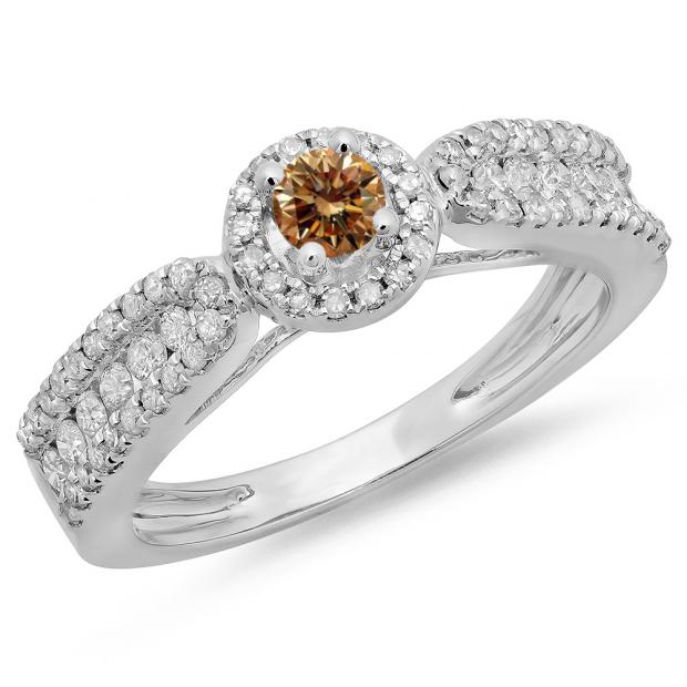 0.80 Carat (ctw) 10K White Gold Round Cut White & Champagne Diamond Ladies Bridal Vintage Halo Style Engagement Ring 3/4 CT